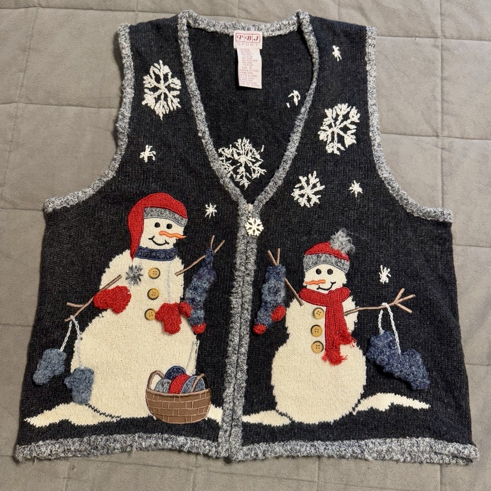 Vintage Christmas‎ Knit Sweater Vest Snowmen Snowflake Womens XL PBJ Sport